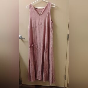 Cynthia Ashby Pink Linen Sleeveless Ruffle Hem Midi Dress With Pockets Sz L